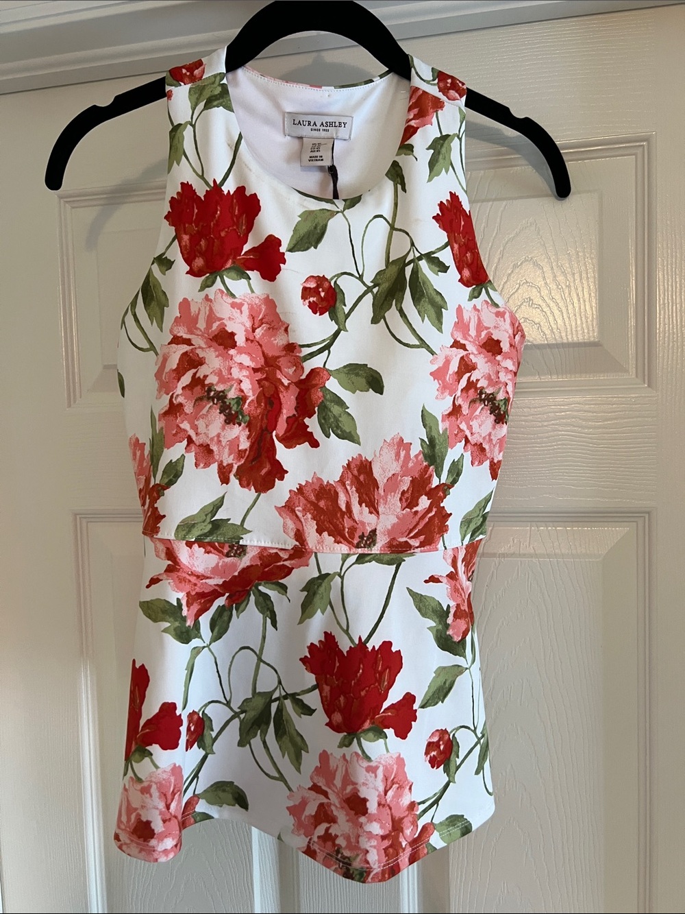 Laura Ashley White Peplum Tank Top with Red & Pink Floral Print